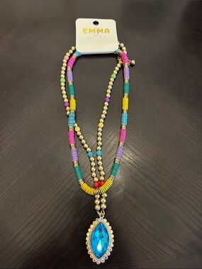 Multicolor Beaded Necklace with Blue Teardrop Pendant